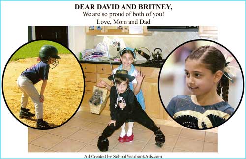 Creative half page ad with one rectangular picture and two round pictures of siblings
